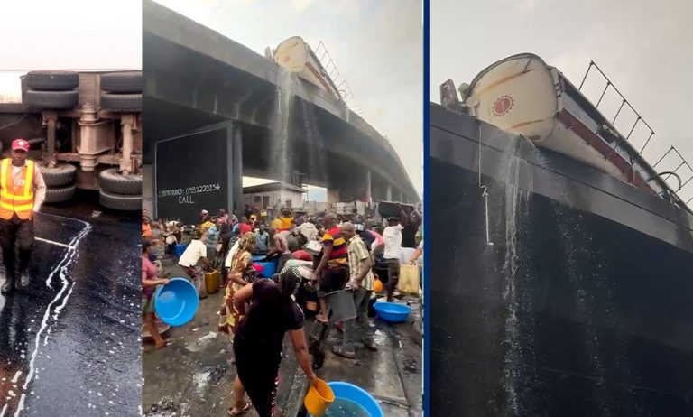 Crowds Scoop Fuel as Diesel Tanker Falls on Apapa’s Liverpool Bridge (Video)